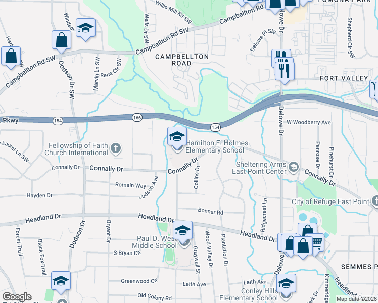 map of restaurants, bars, coffee shops, grocery stores, and more near 2341 Connally Drive in East Point
