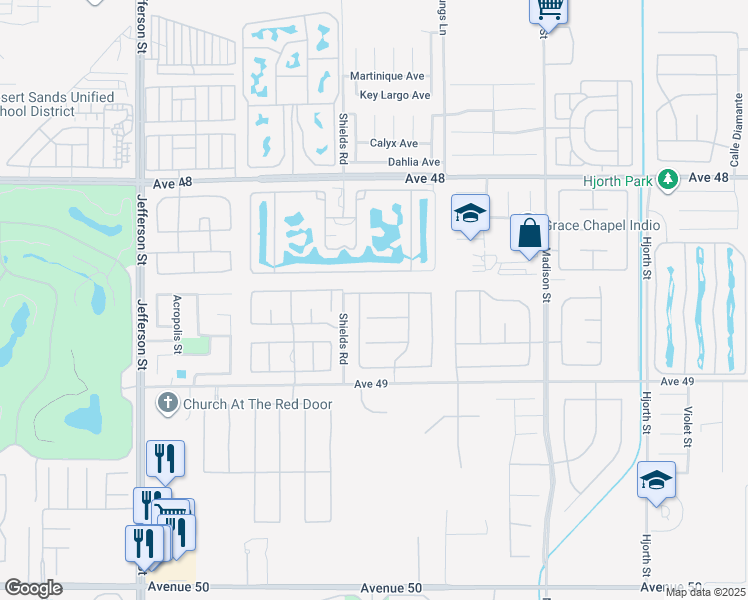 map of restaurants, bars, coffee shops, grocery stores, and more near 80579 Plum Lane in Indio
