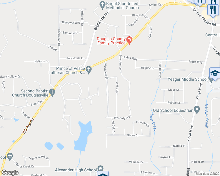 map of restaurants, bars, coffee shops, grocery stores, and more near 4073 Westview Street in Douglasville