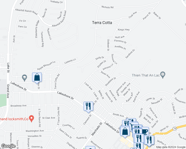map of restaurants, bars, coffee shops, grocery stores, and more near 940 Dryden Street in Lake Elsinore
