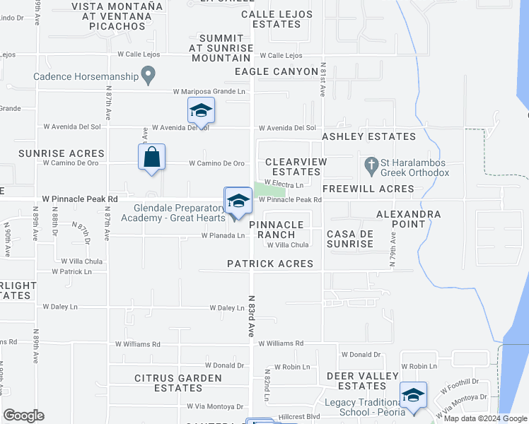 map of restaurants, bars, coffee shops, grocery stores, and more near 12323 West Monte Lindo Lane in Peoria