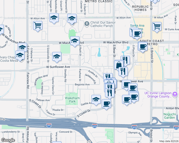 map of restaurants, bars, coffee shops, grocery stores, and more near 969 Azalea Drive in Costa Mesa