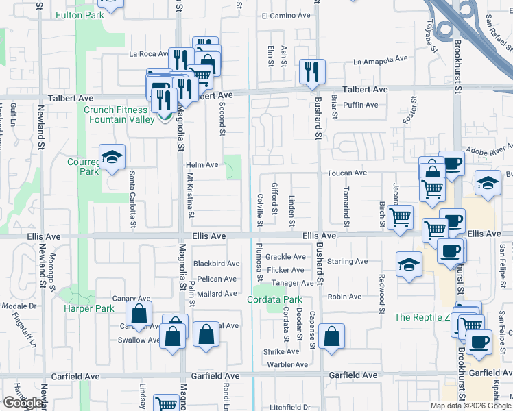 map of restaurants, bars, coffee shops, grocery stores, and more near 18397 Colville Street in Fountain Valley