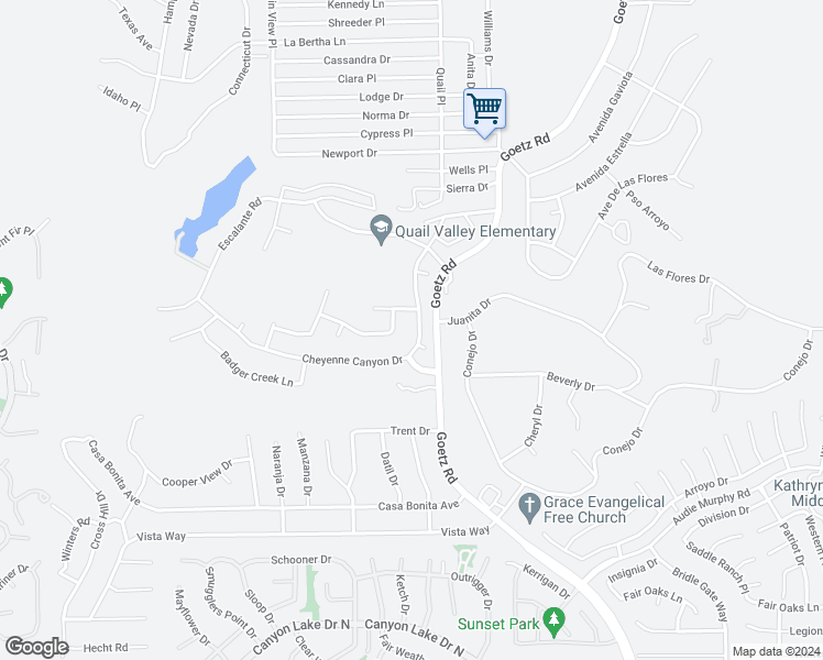map of restaurants, bars, coffee shops, grocery stores, and more near 23858 Cheyenne Canyon Drive in Canyon Lake