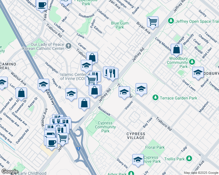 map of restaurants, bars, coffee shops, grocery stores, and more near 14101 Jeffrey Road in Irvine