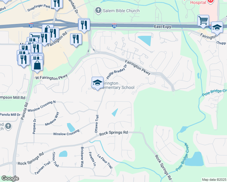map of restaurants, bars, coffee shops, grocery stores, and more near 5599 Fair Creek Way in Stonecrest