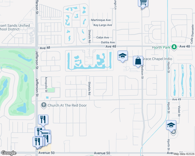 map of restaurants, bars, coffee shops, grocery stores, and more near 80556 Plum Lane in Indio