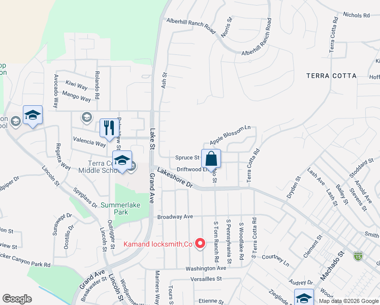 map of restaurants, bars, coffee shops, grocery stores, and more near 3321 Spruce Street in Lake Elsinore