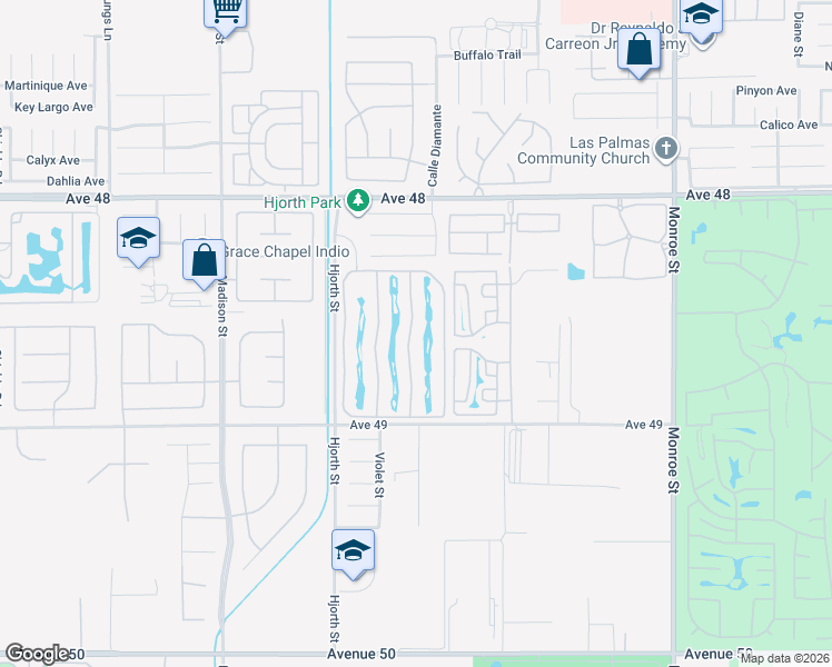map of restaurants, bars, coffee shops, grocery stores, and more near 48170 Hjorth Street in Indio