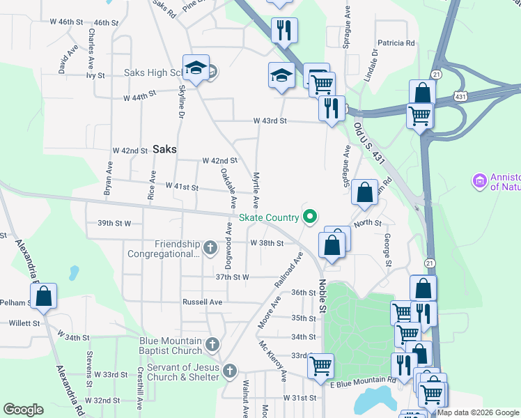 map of restaurants, bars, coffee shops, grocery stores, and more near 4007 Saks Road in Anniston