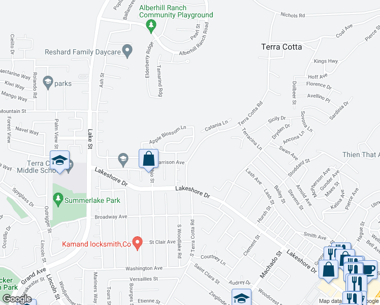 map of restaurants, bars, coffee shops, grocery stores, and more near 3531 Cherry Blossom Lane in Lake Elsinore