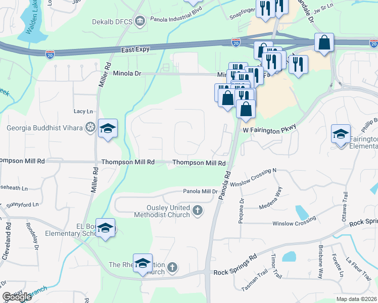 map of restaurants, bars, coffee shops, grocery stores, and more near 5230 Winding Glen Drive in Stonecrest