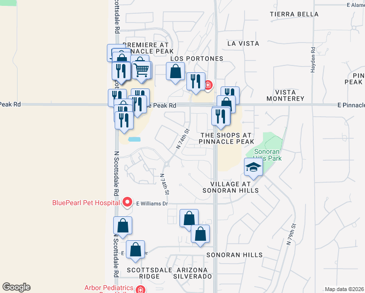 map of restaurants, bars, coffee shops, grocery stores, and more near 23118 North 74th Street in Scottsdale