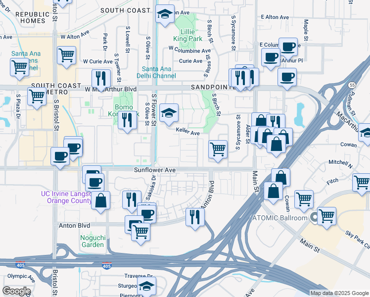 map of restaurants, bars, coffee shops, grocery stores, and more near 421 Nobel Avenue in Santa Ana