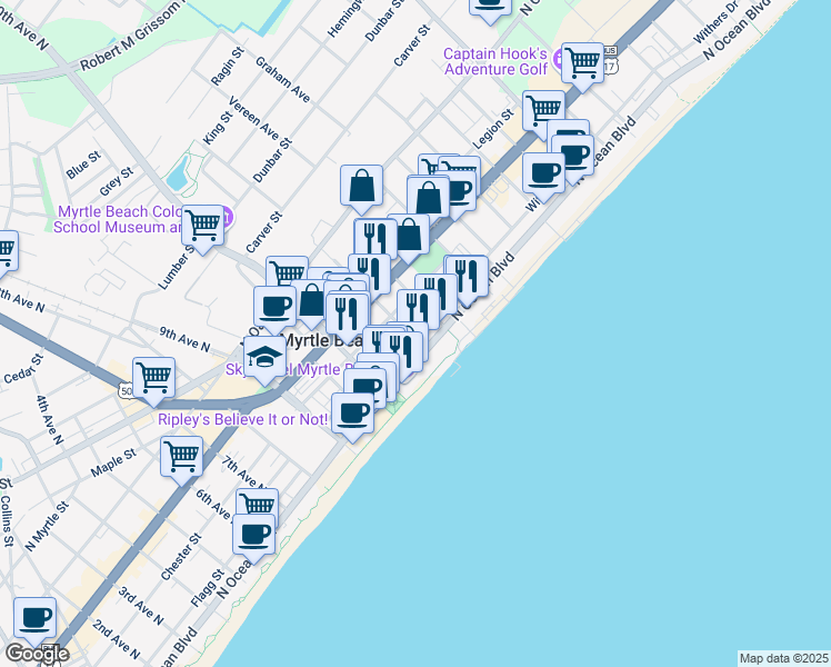 map of restaurants, bars, coffee shops, grocery stores, and more near 1300 Chester Street in Myrtle Beach