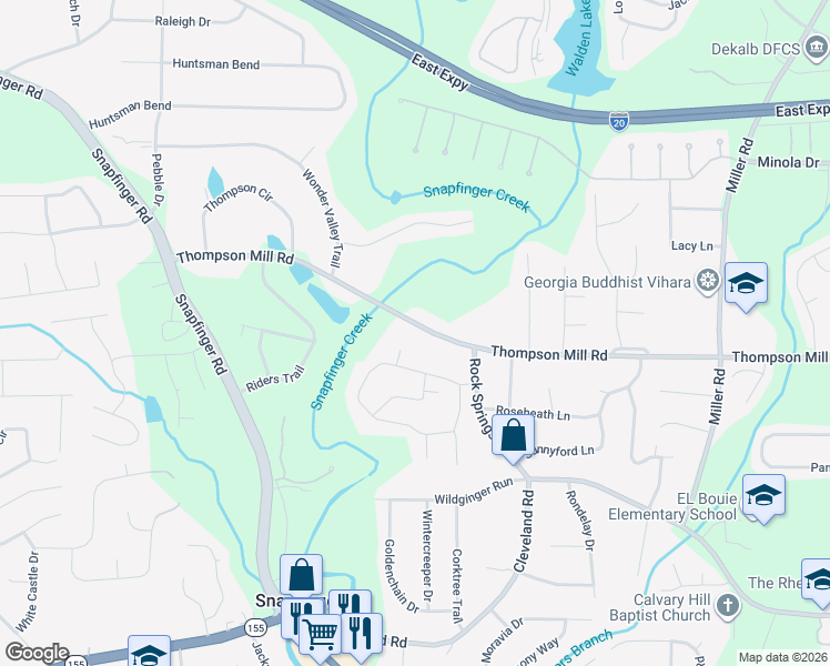 map of restaurants, bars, coffee shops, grocery stores, and more near 4700 Thompson Mill Road in Stonecrest