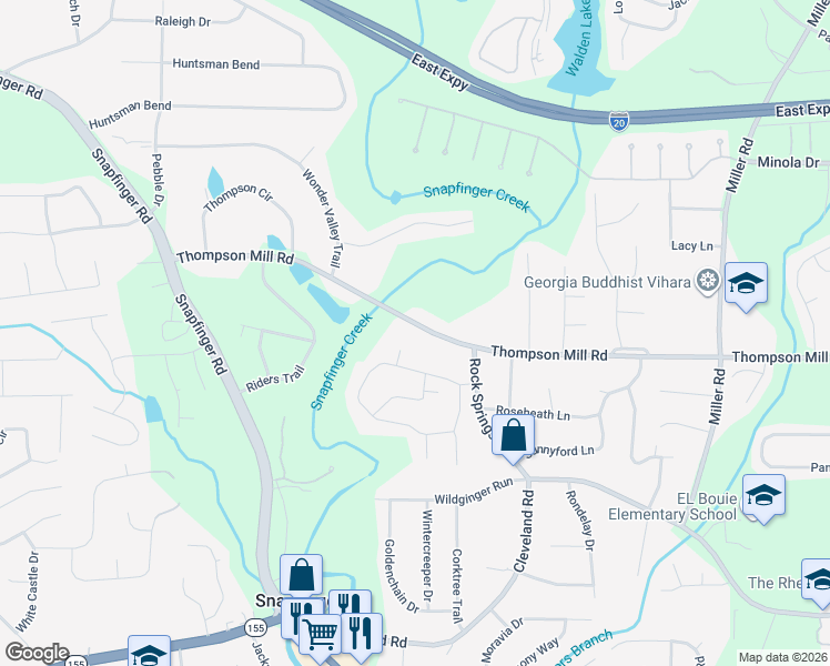 map of restaurants, bars, coffee shops, grocery stores, and more near 4700 Thompson Mill Road in Stonecrest