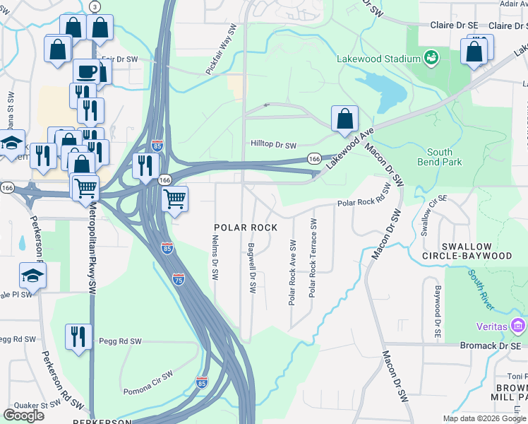 map of restaurants, bars, coffee shops, grocery stores, and more near 251 Polar Rock Road Southwest in Atlanta