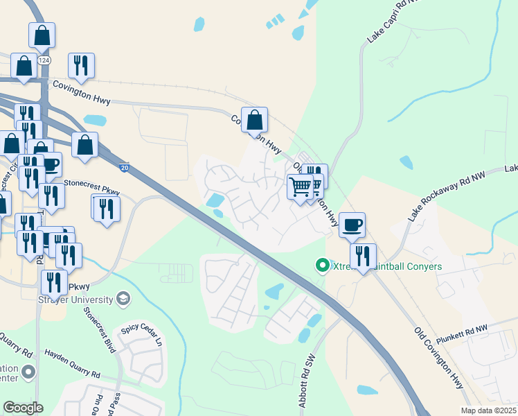 map of restaurants, bars, coffee shops, grocery stores, and more near 91 East Meadow Lane Southwest in Conyers