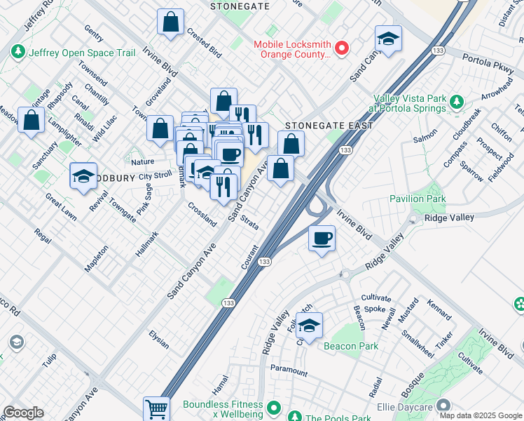 map of restaurants, bars, coffee shops, grocery stores, and more near 100 Esperanza in Irvine