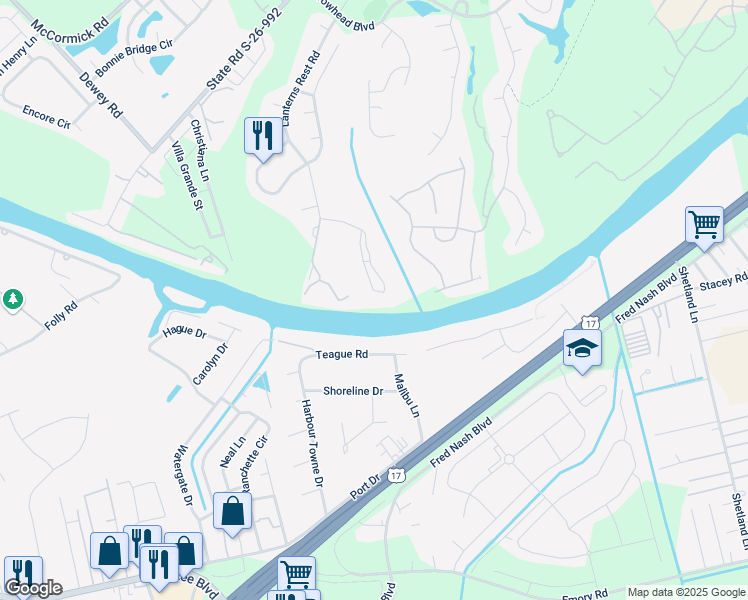 map of restaurants, bars, coffee shops, grocery stores, and more near 702 Riverwalk Drive in Myrtle Beach