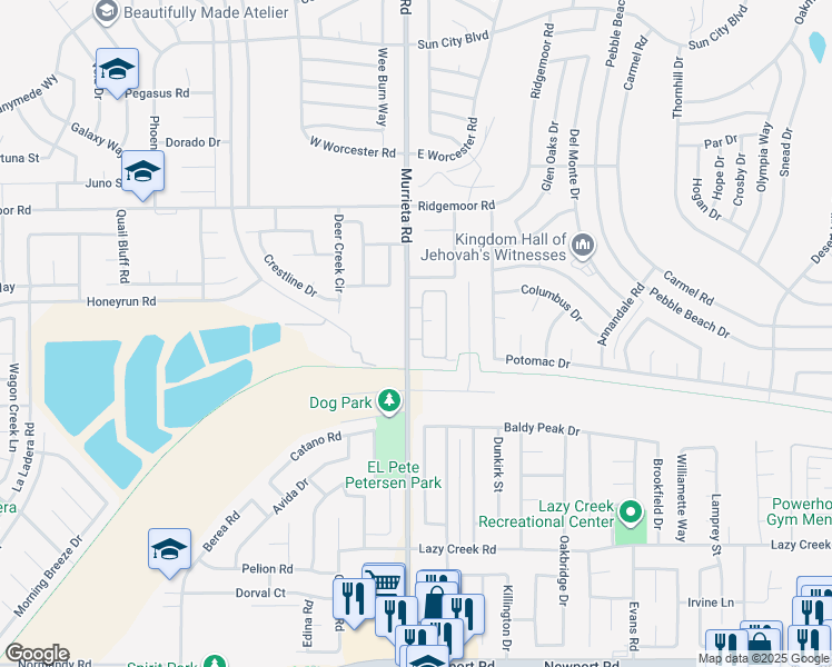 map of restaurants, bars, coffee shops, grocery stores, and more near 29248 Murrieta Road in Menifee