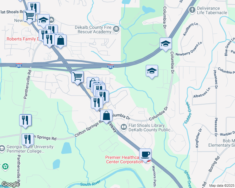 map of restaurants, bars, coffee shops, grocery stores, and more near 2800 Vining Ridge Terrace in Decatur