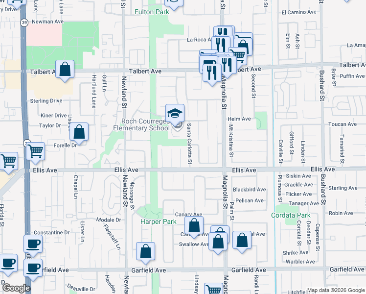 map of restaurants, bars, coffee shops, grocery stores, and more near 18313 Santa Carlotta Street in Fountain Valley