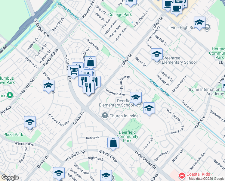 map of restaurants, bars, coffee shops, grocery stores, and more near 15 Woodrush in Irvine