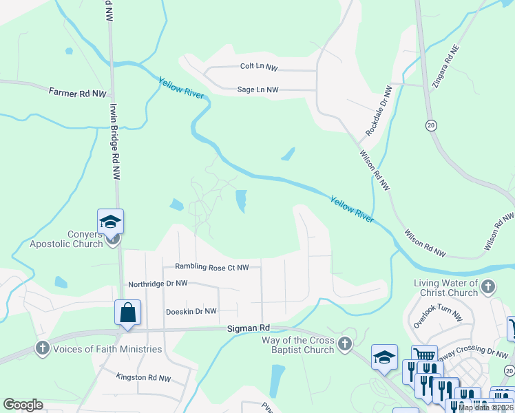 map of restaurants, bars, coffee shops, grocery stores, and more near 1776 Old Camp Trail Northwest in Conyers