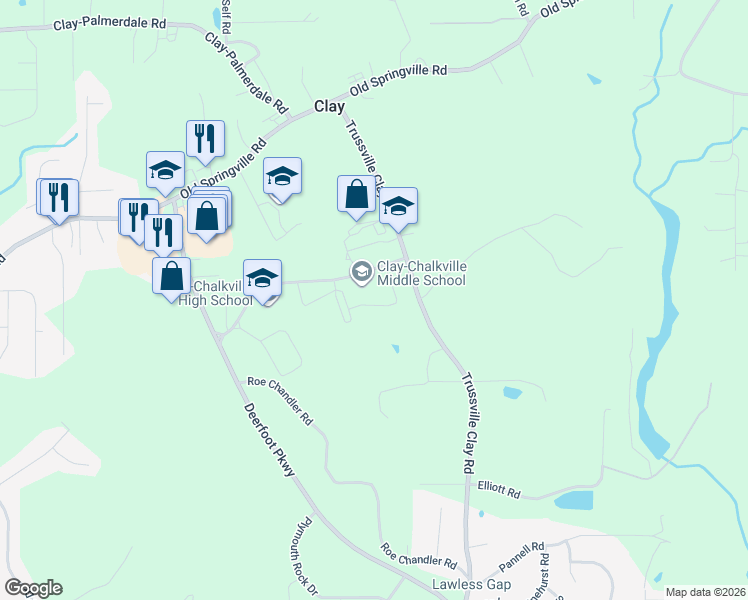 map of restaurants, bars, coffee shops, grocery stores, and more near 6700 Trussville Clay Road in Trussville