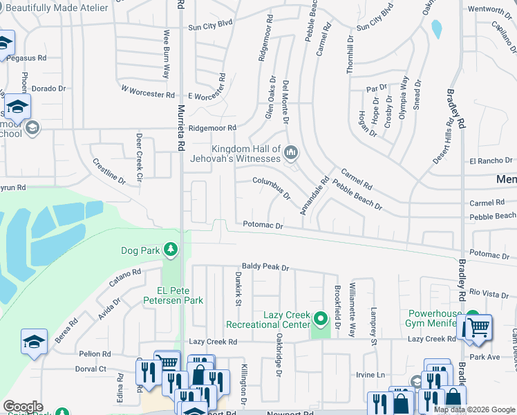 map of restaurants, bars, coffee shops, grocery stores, and more near 29296 Knoll Court in Menifee
