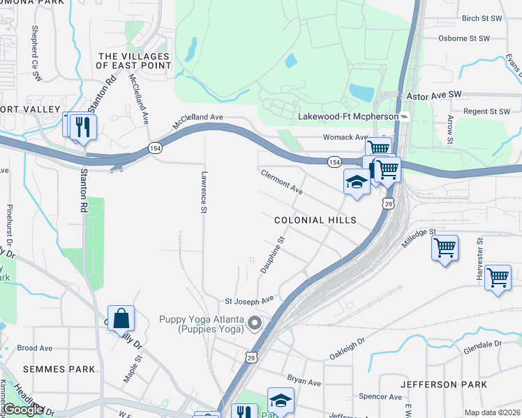 map of restaurants, bars, coffee shops, grocery stores, and more near 1493 Saint Michael Avenue in East Point