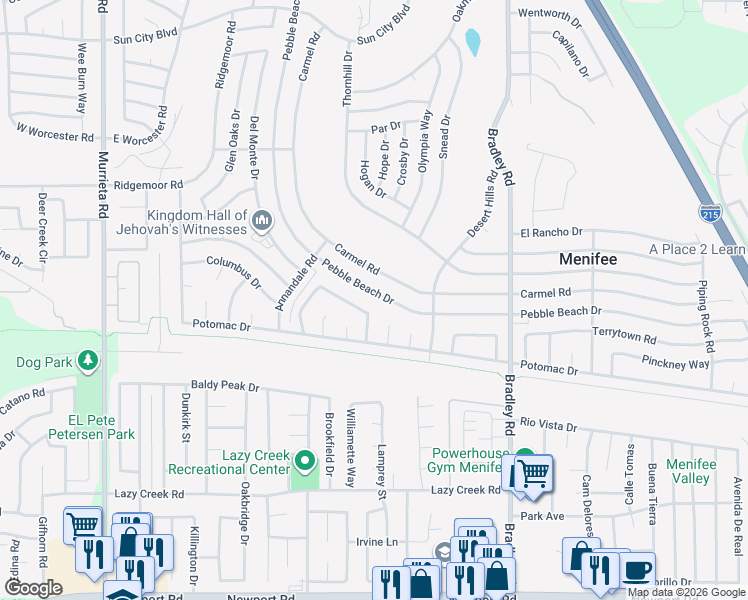 map of restaurants, bars, coffee shops, grocery stores, and more near 29371 Pebble Beach Drive in Menifee