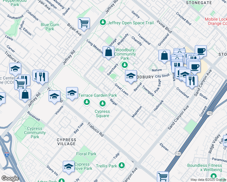 map of restaurants, bars, coffee shops, grocery stores, and more near 88 Sarabande in Irvine