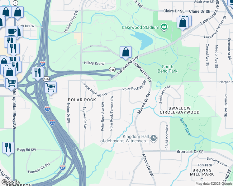 map of restaurants, bars, coffee shops, grocery stores, and more near 189 Polar Rock Road Southwest in Atlanta