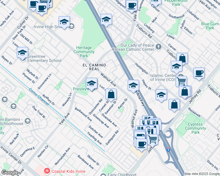 map of restaurants, bars, coffee shops, grocery stores, and more near 4912 Seaford Circle in Irvine