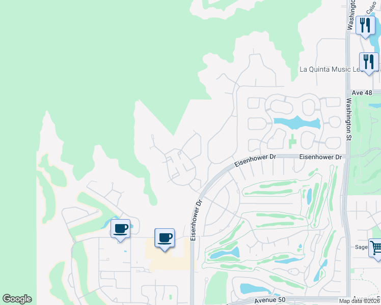 map of restaurants, bars, coffee shops, grocery stores, and more near 77738 Herritage Drive in La Quinta