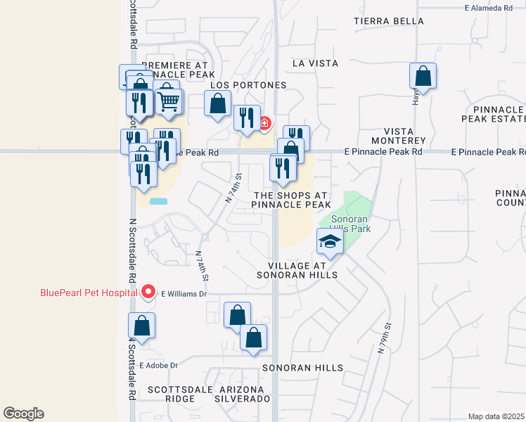 map of restaurants, bars, coffee shops, grocery stores, and more near 7500 East Via De Luna Drive in Scottsdale