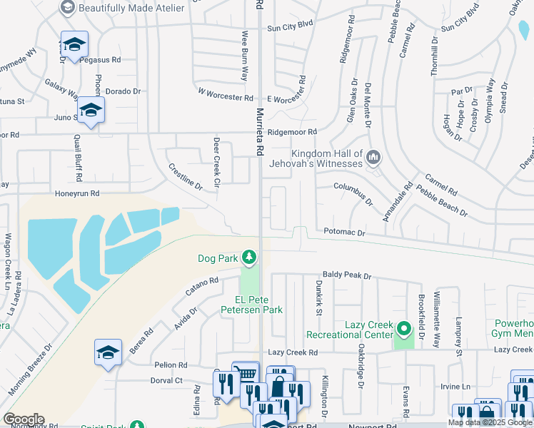 map of restaurants, bars, coffee shops, grocery stores, and more near 29260 Camino Del Sol Este in Menifee
