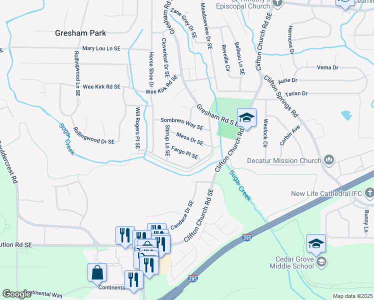 map of restaurants, bars, coffee shops, grocery stores, and more near 2014 Fargo Place Southeast in Atlanta