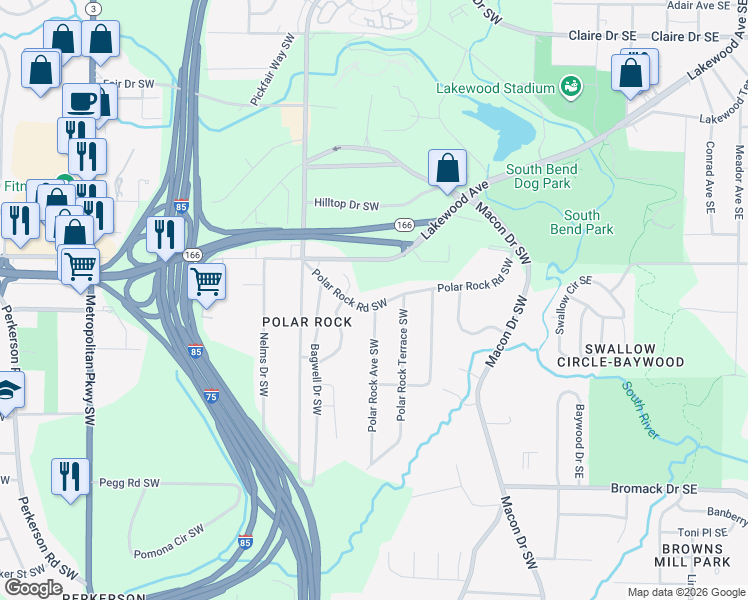 map of restaurants, bars, coffee shops, grocery stores, and more near 205 Polar Rock Road Southwest in Atlanta