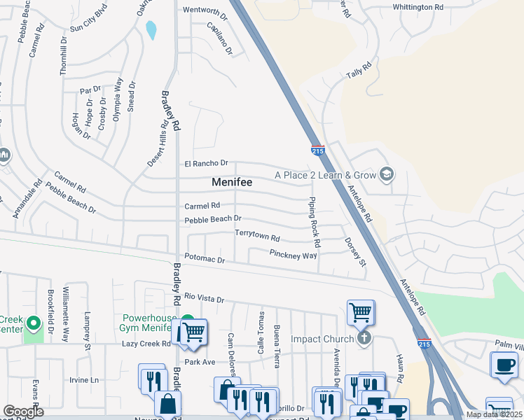 map of restaurants, bars, coffee shops, grocery stores, and more near 29997 Carmel Road in Menifee
