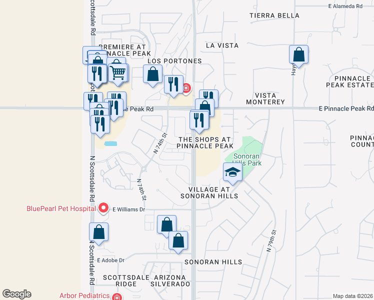 map of restaurants, bars, coffee shops, grocery stores, and more near 7508 East Via De Luna Drive in Scottsdale