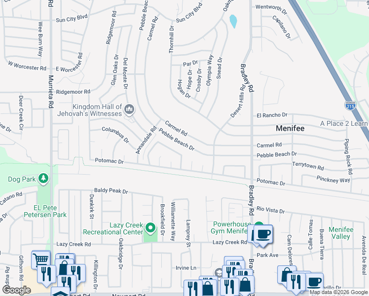 map of restaurants, bars, coffee shops, grocery stores, and more near 29371 Pebble Beach Drive in Menifee