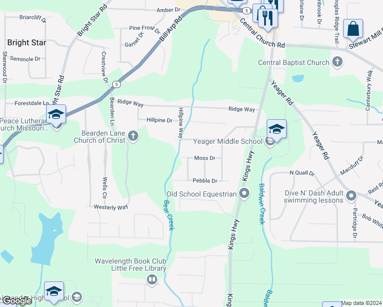 map of restaurants, bars, coffee shops, grocery stores, and more near 6187 Moss Drive in Douglasville