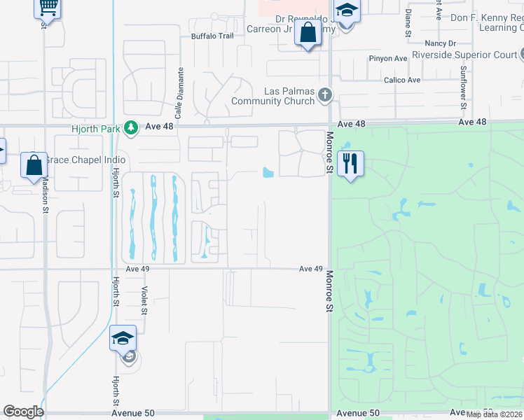 map of restaurants, bars, coffee shops, grocery stores, and more near 48539 Anastacia Court in Indio