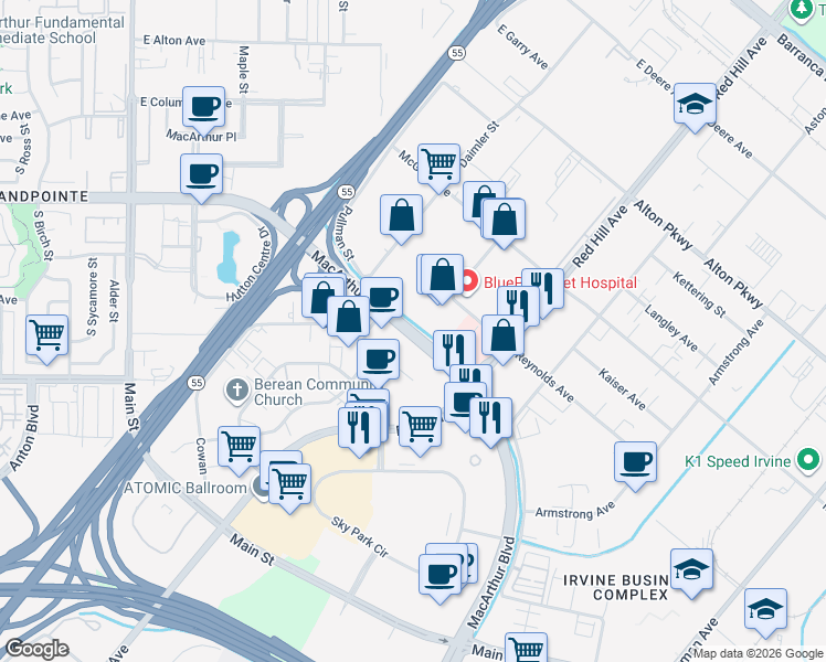 map of restaurants, bars, coffee shops, grocery stores, and more near 1360 Reynolds Avenue in Irvine