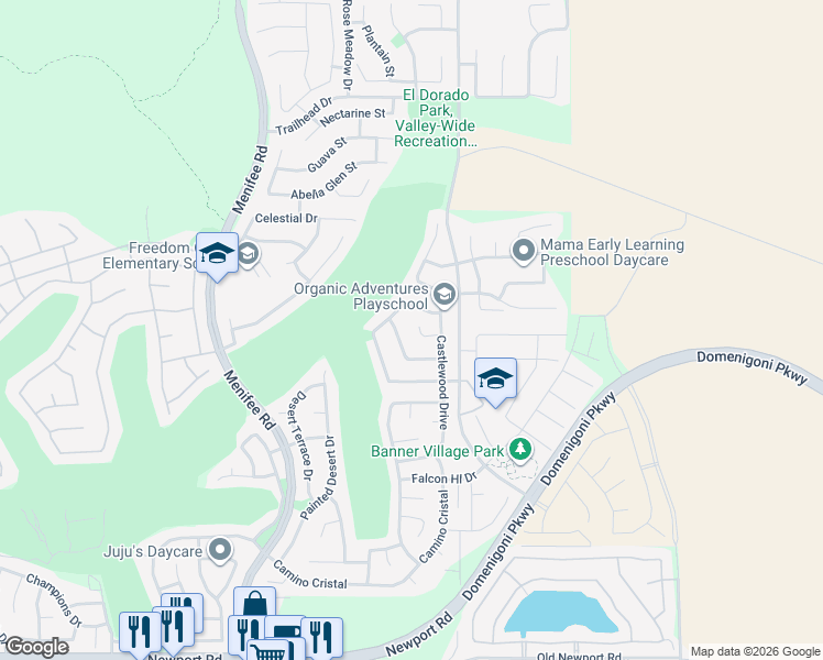 map of restaurants, bars, coffee shops, grocery stores, and more near 29387 Piazza Court in Menifee