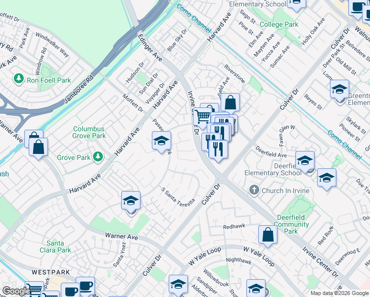 map of restaurants, bars, coffee shops, grocery stores, and more near 6 Figaro in Irvine